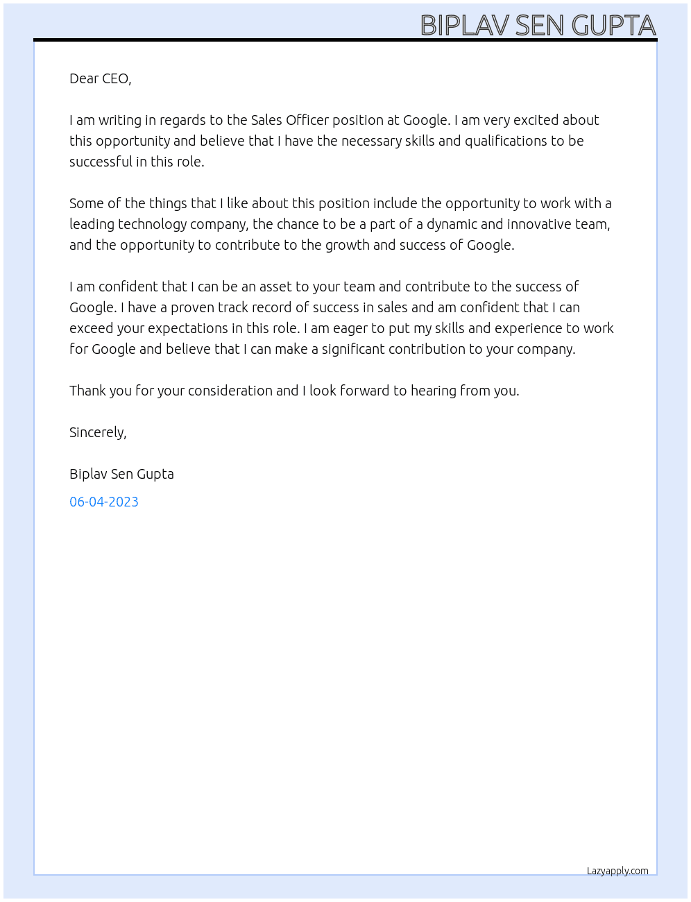 Sales Officer  At Google Cover Letter