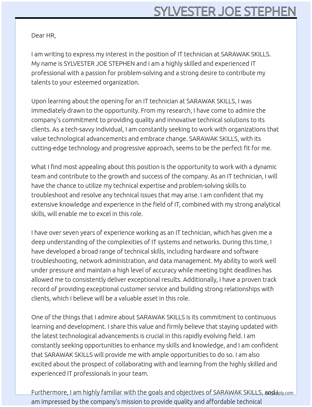 IT technician At SARAWAK SKILLS Cover Letter