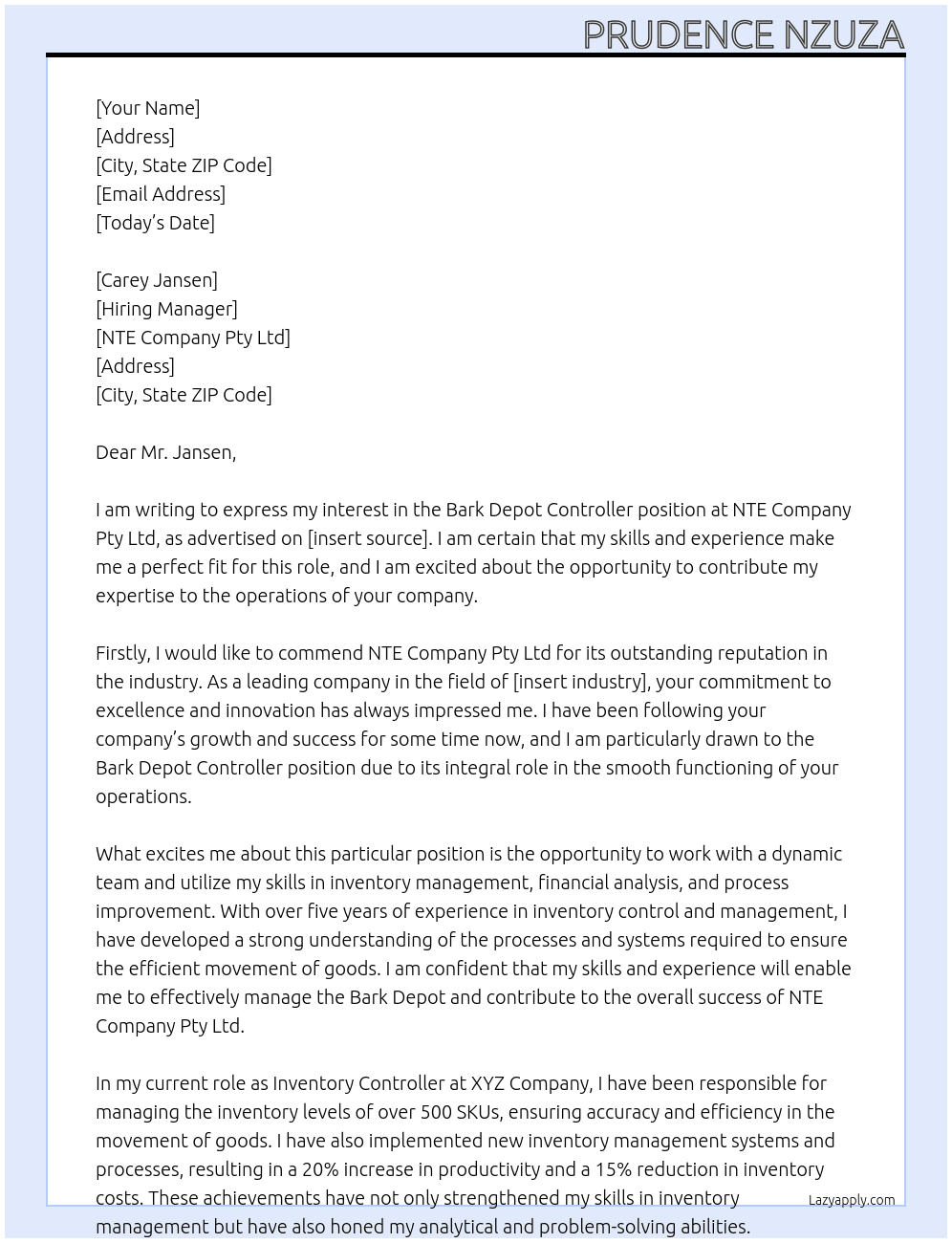 Cover letter for bark depot controller - LazyApply