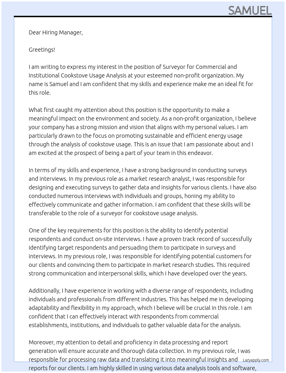 Surveyor for Commercial and Institutional Cookstove Usage Analysis At non-profit Cover Letter