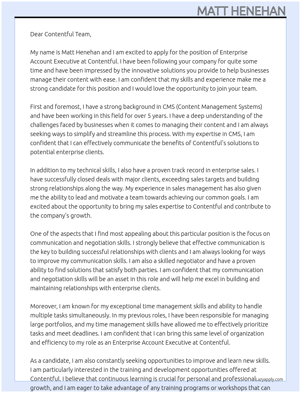 Enterprise Account Executive At Contentful Cover Letter