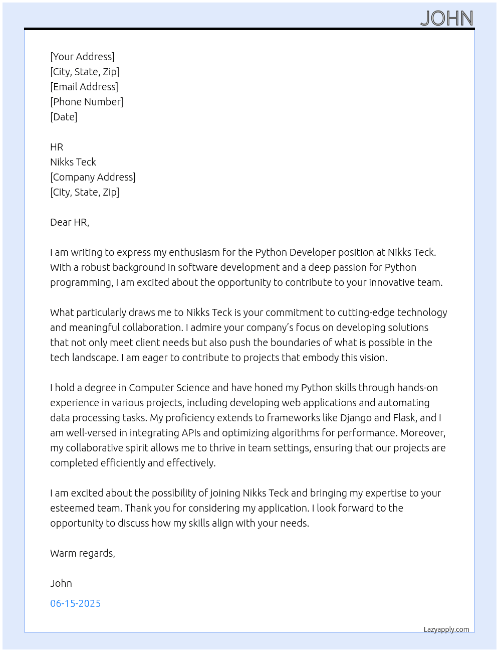 Python Developer  At Nikks Teck Cover Letter