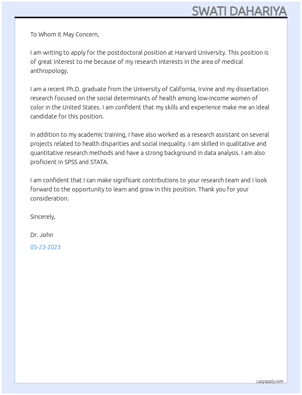 post doctoral position At harvard university Cover Letter