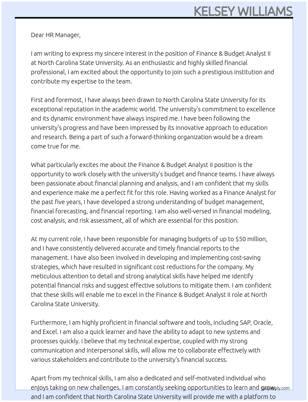 Finance & Budget Analyst II At North Carolina State University Cover Letter