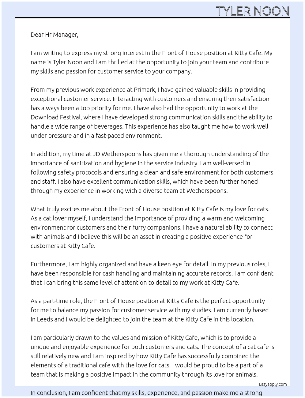 Front of house  At Kitty Cafe  Cover Letter