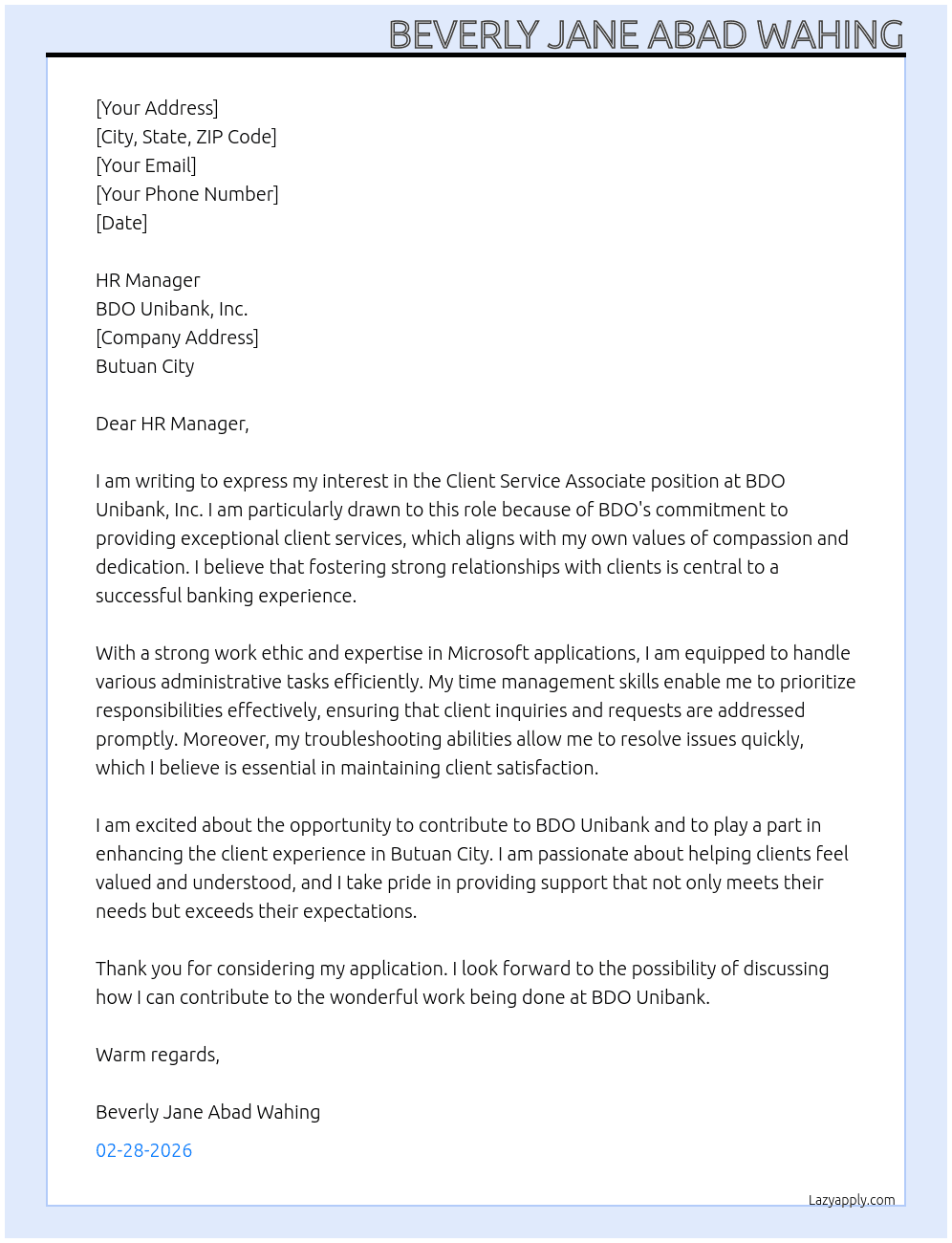 Client Service Associate At BDO Unibank, Inc Cover Letter