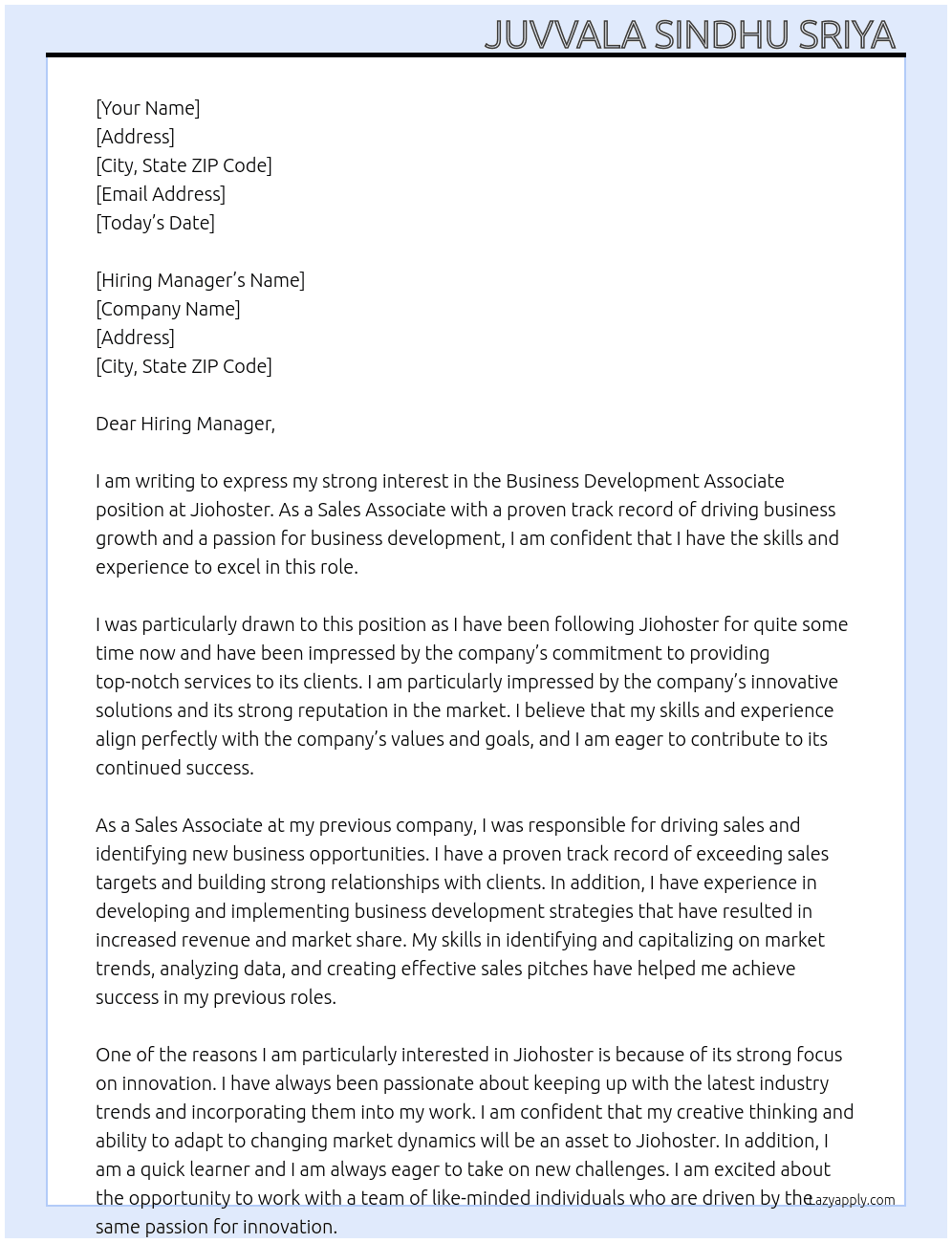 Business development Associate  At Jiohoster Cover Letter