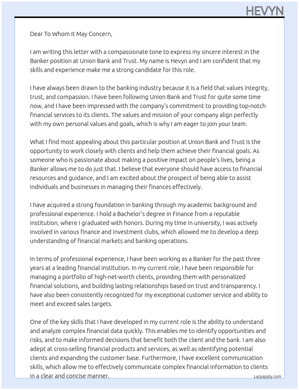 Banker At Union Bank and Trust Cover Letter