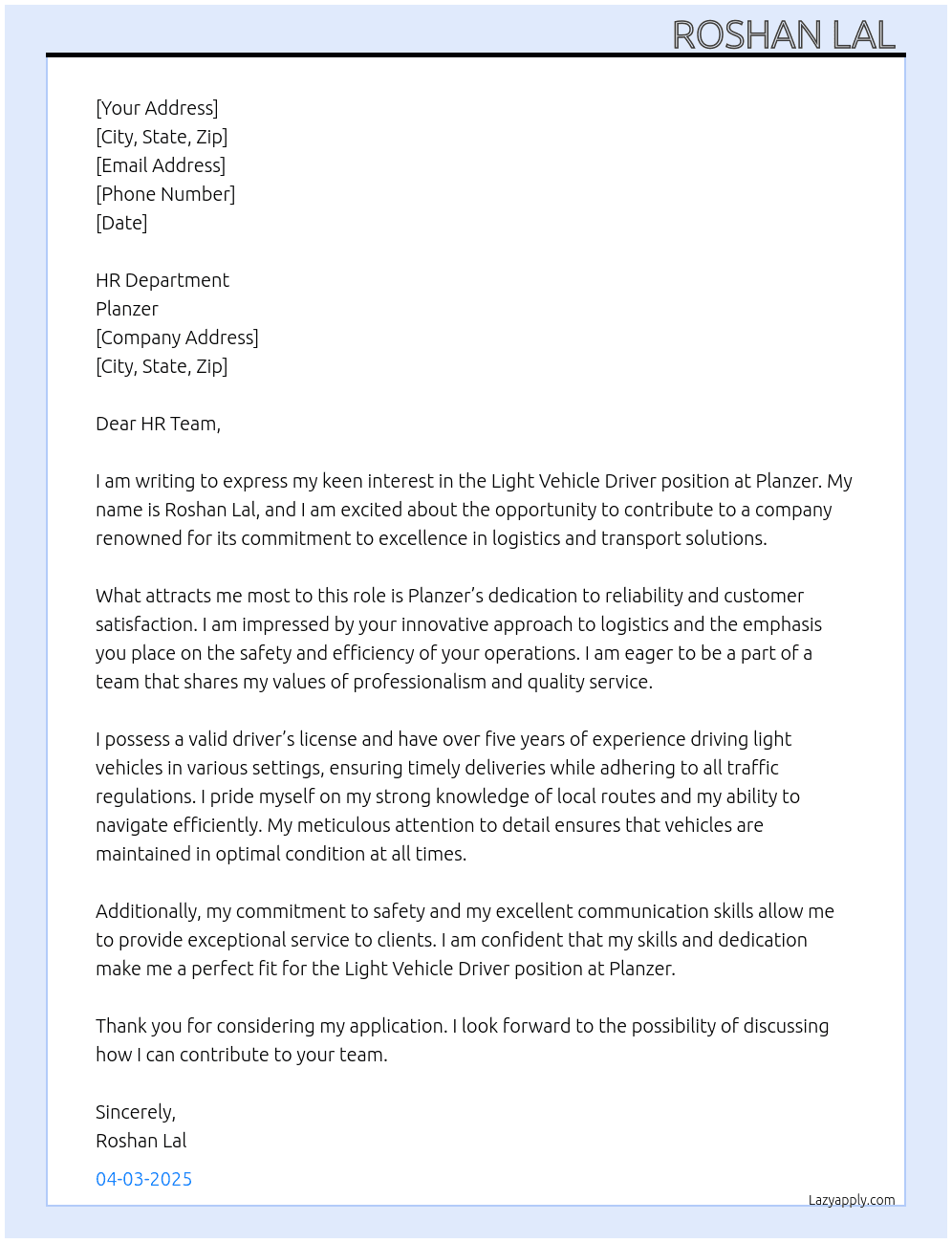 Light vehicle Driver  At Planzer  Cover Letter