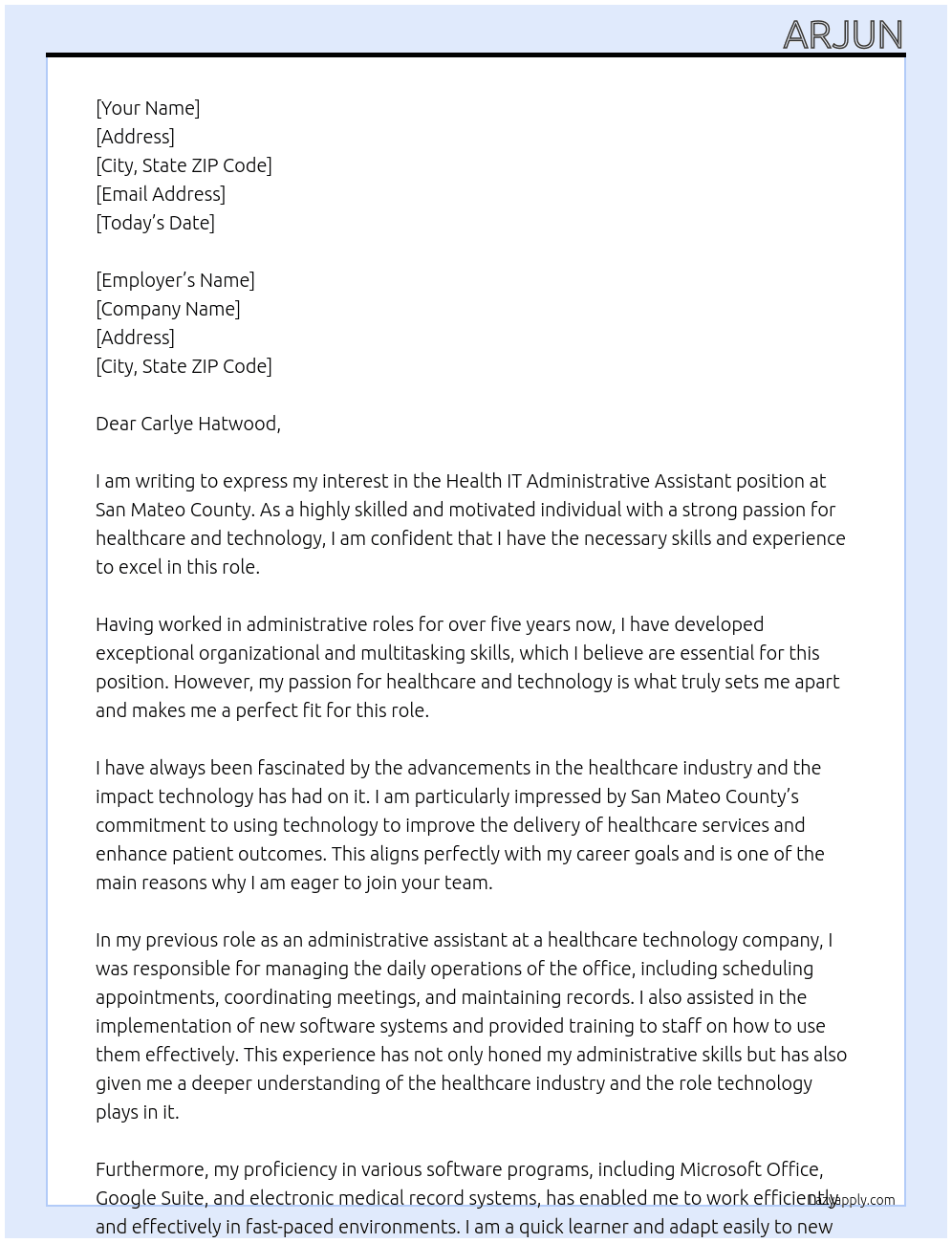 Health IT Administrative Assistant At San Mateo County Cover Letter