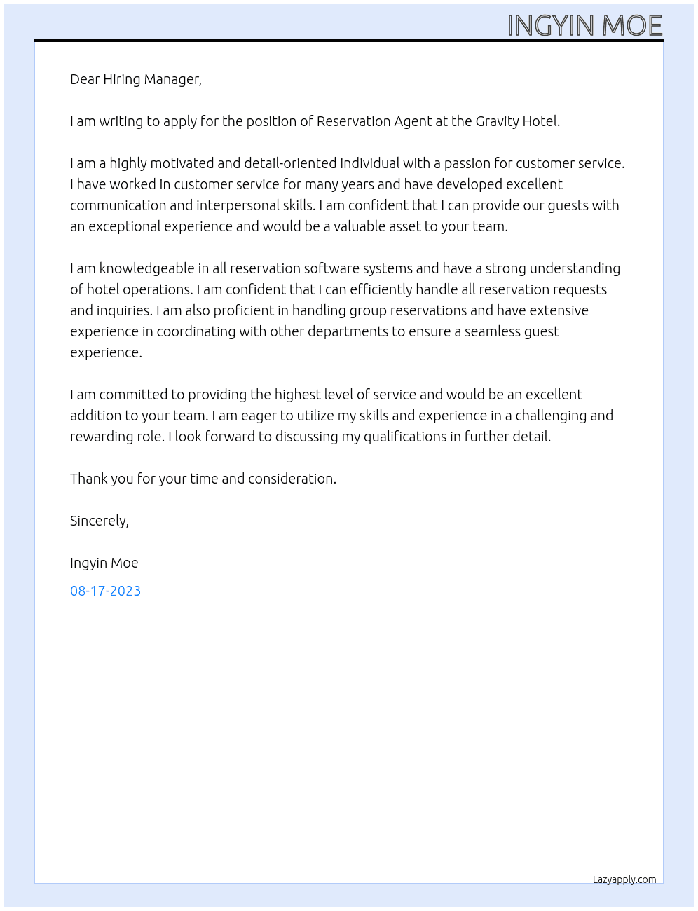 Reservation Agent At Gravity Hotel Cover Letter
