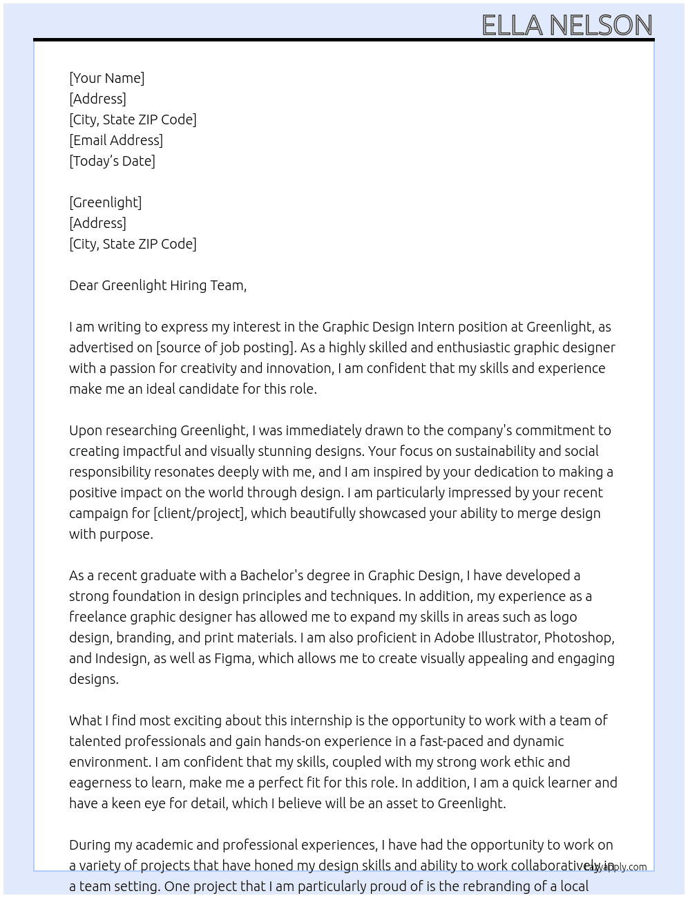 Graphic Design Intern At Greenlight Cover Letter