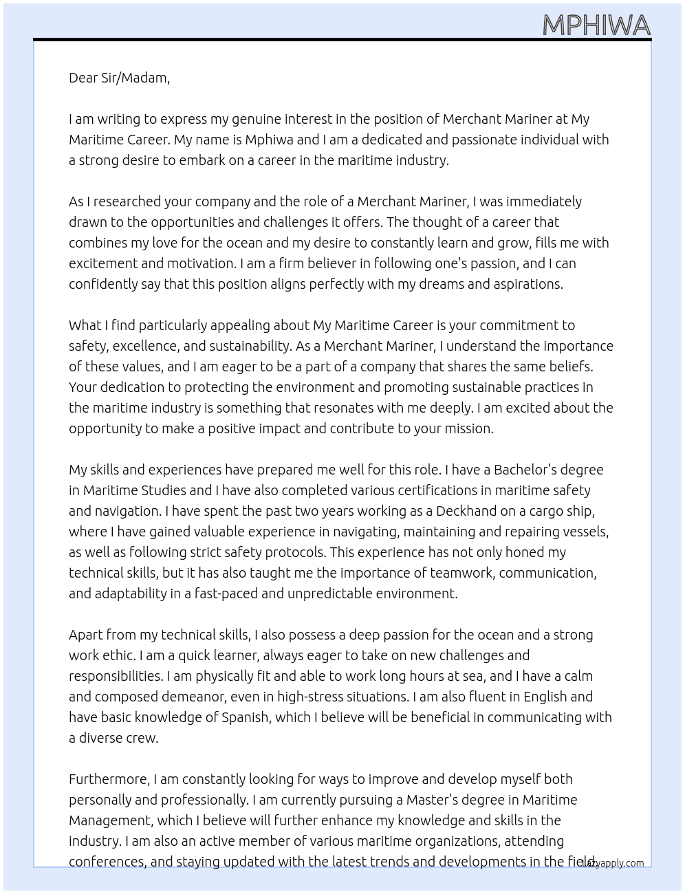 Merchant Mariner At My Maritime career Cover Letter