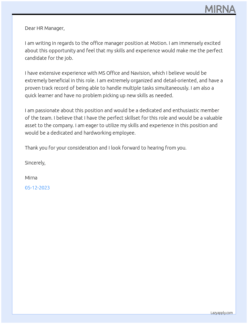 office manager At Motion Cover Letter
