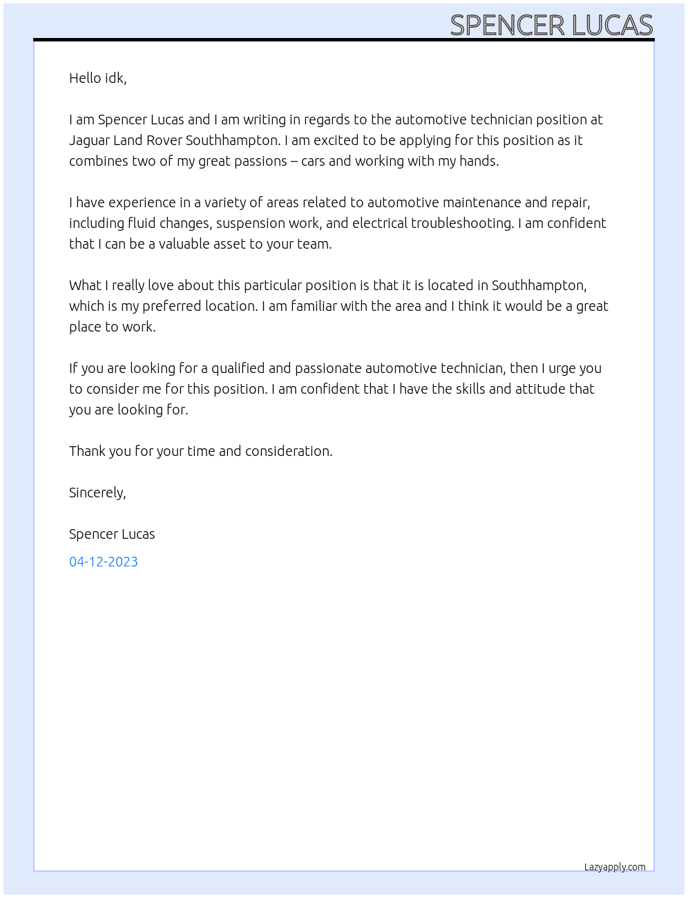 automotive technician At Jaguar Land Rover Southhampton Cover Letter