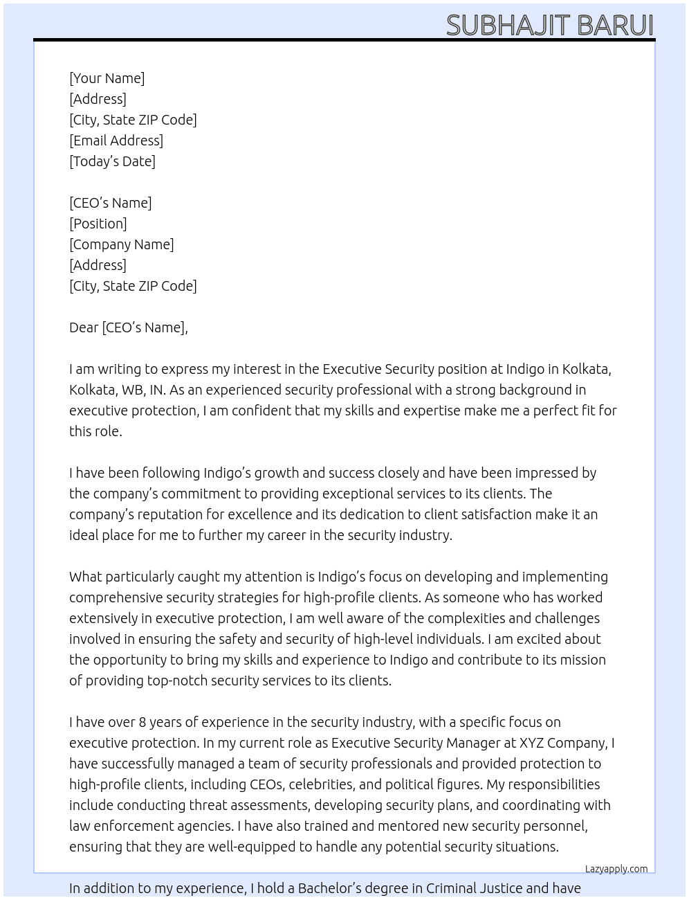 Cover letter for executive security ,kolkata  kolkata, wb, in - LazyApply