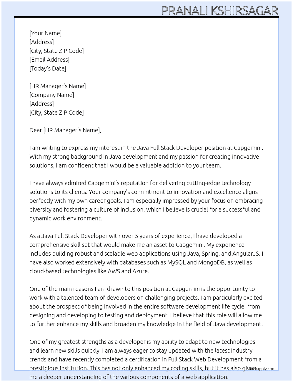 Cover letter for java full stack developer - LazyApply