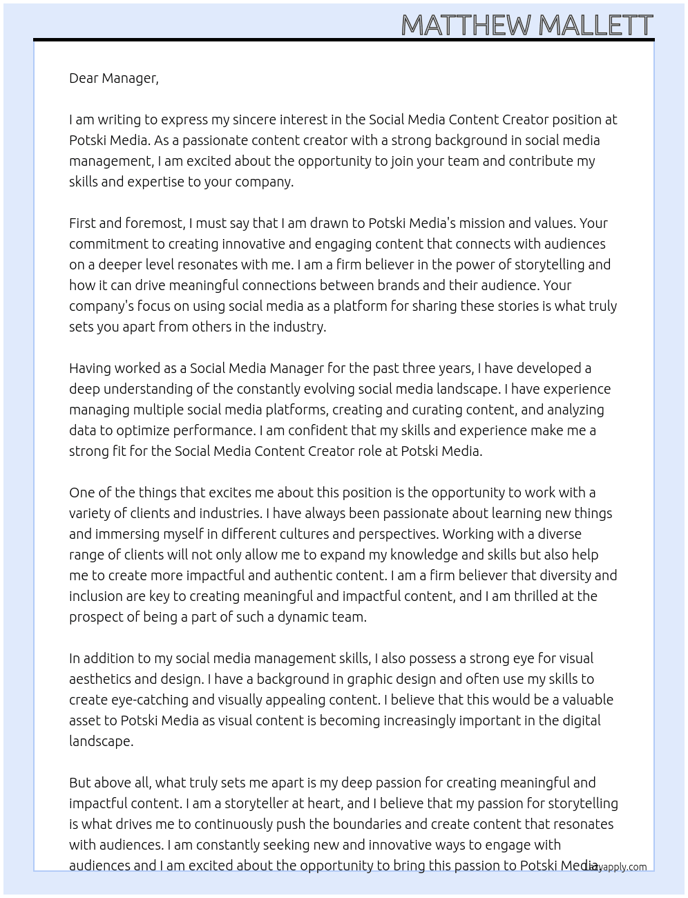Social media content creator At Potski Media Cover Letter