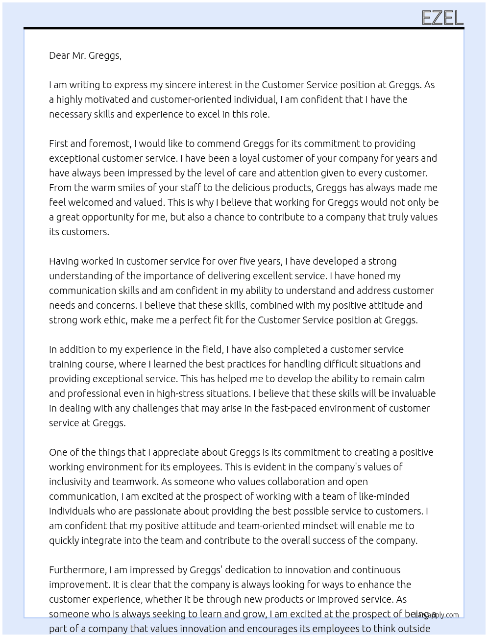 Customer service At Greggs Cover Letter