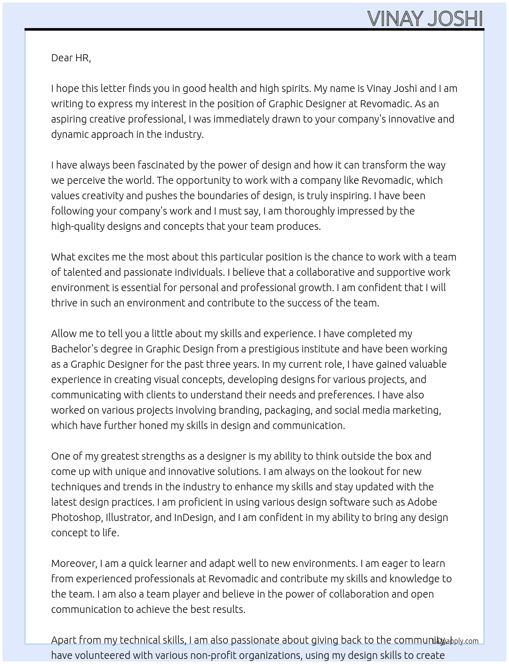 Graphic designer At Revomadic Cover Letter