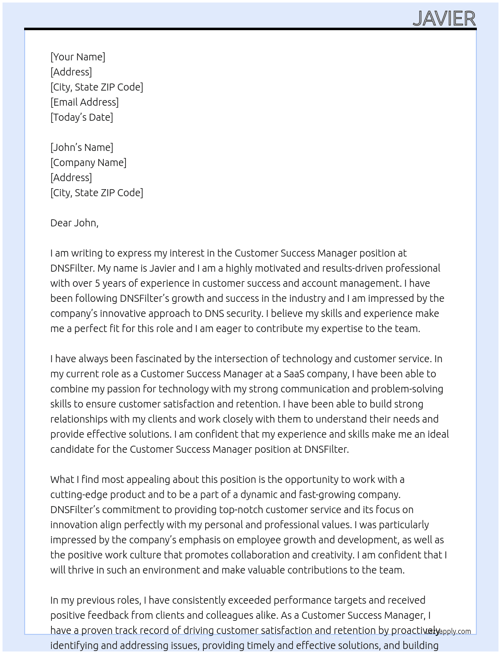 Customer Success Manager At DNSFilter Cover Letter