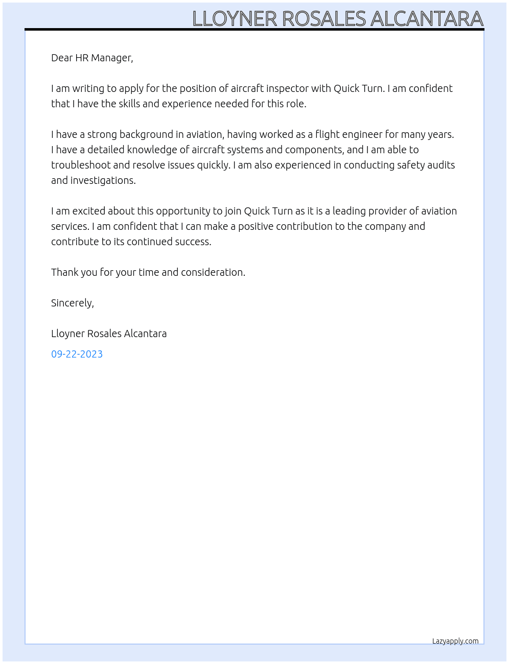 Aircraft inspector At Quick Turn  Cover Letter