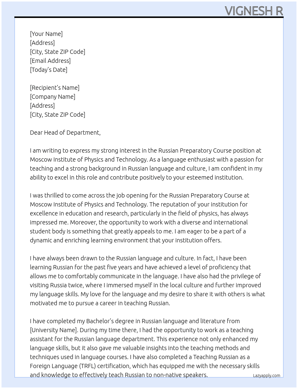 Russian Preparatory course At Moscow institute of physics and technology Cover Letter