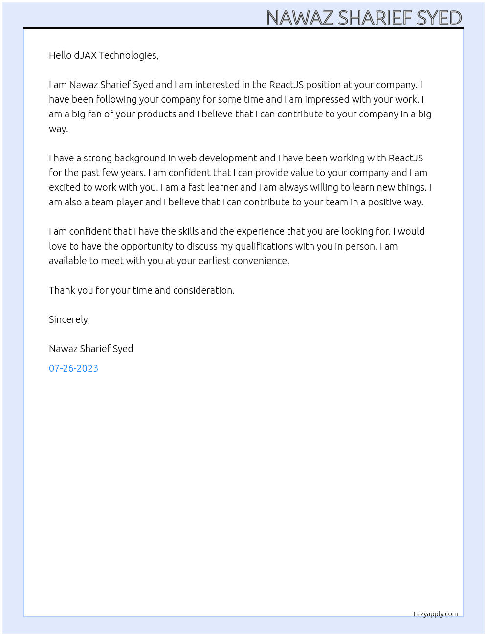 ReactJS  At dJAX Technologies Cover Letter