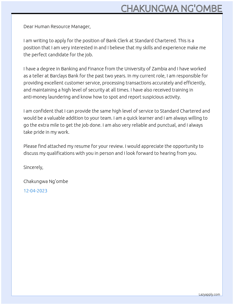 Bank Clerk At Standard Chartered  Cover Letter