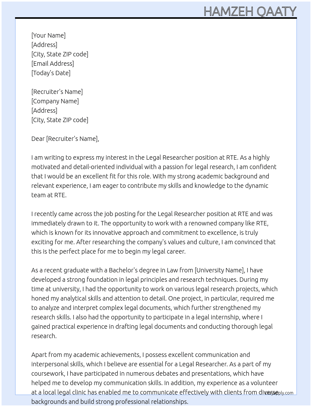 Legal Researcher  At RTE Cover Letter