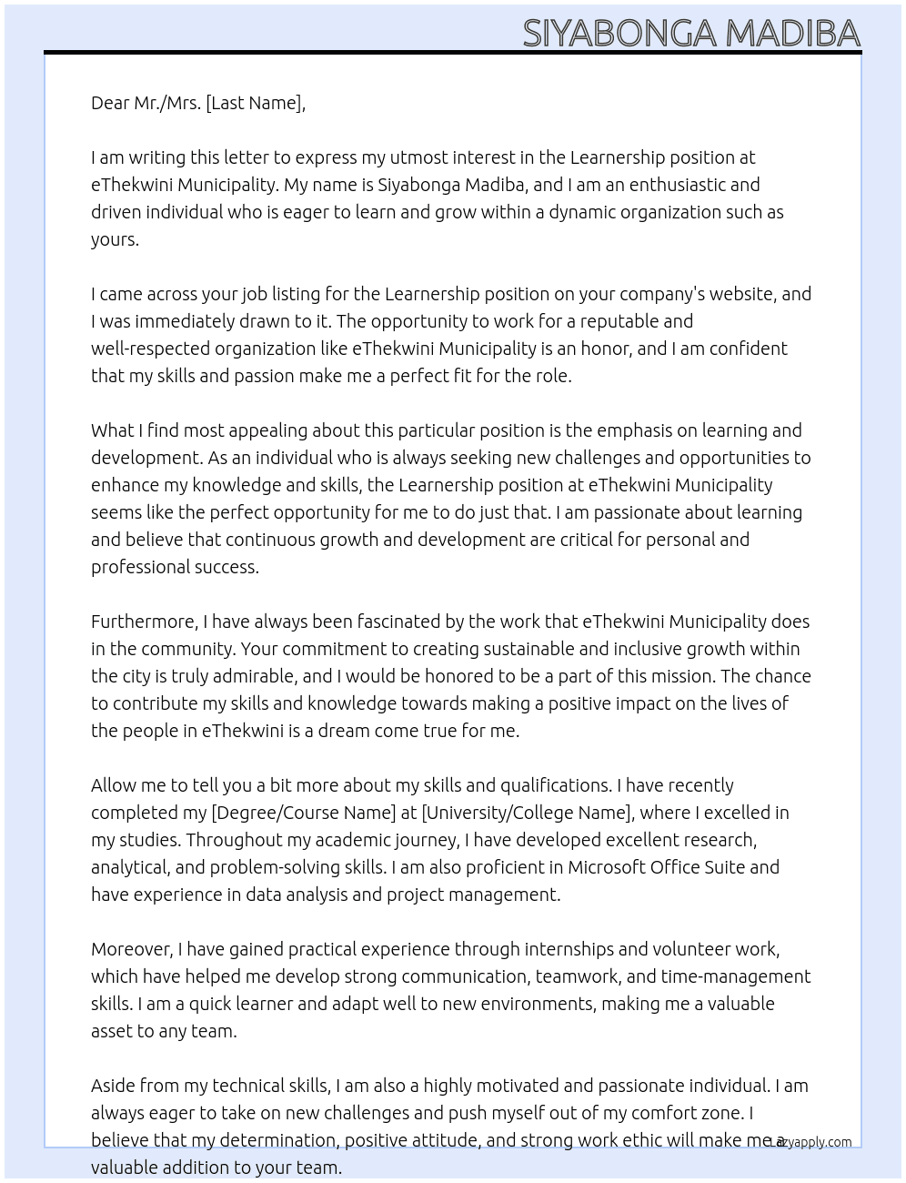 LEARNERSHIP At eThekwini Municipality  Cover Letter