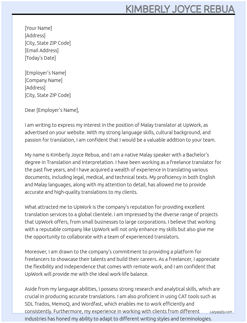 Cover letter for malay translator - LazyApply