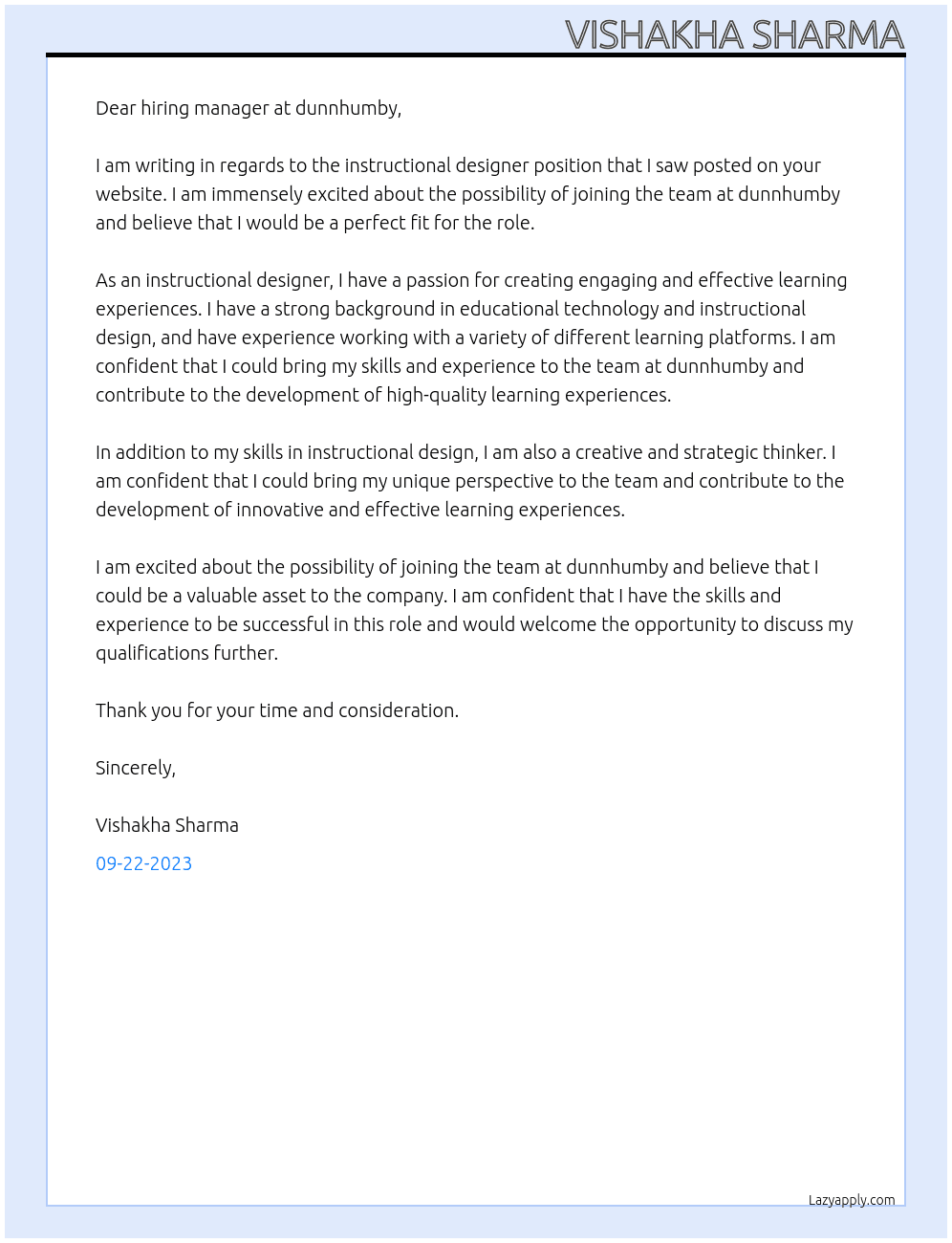 Instructional Designer At dunnhumby Cover Letter