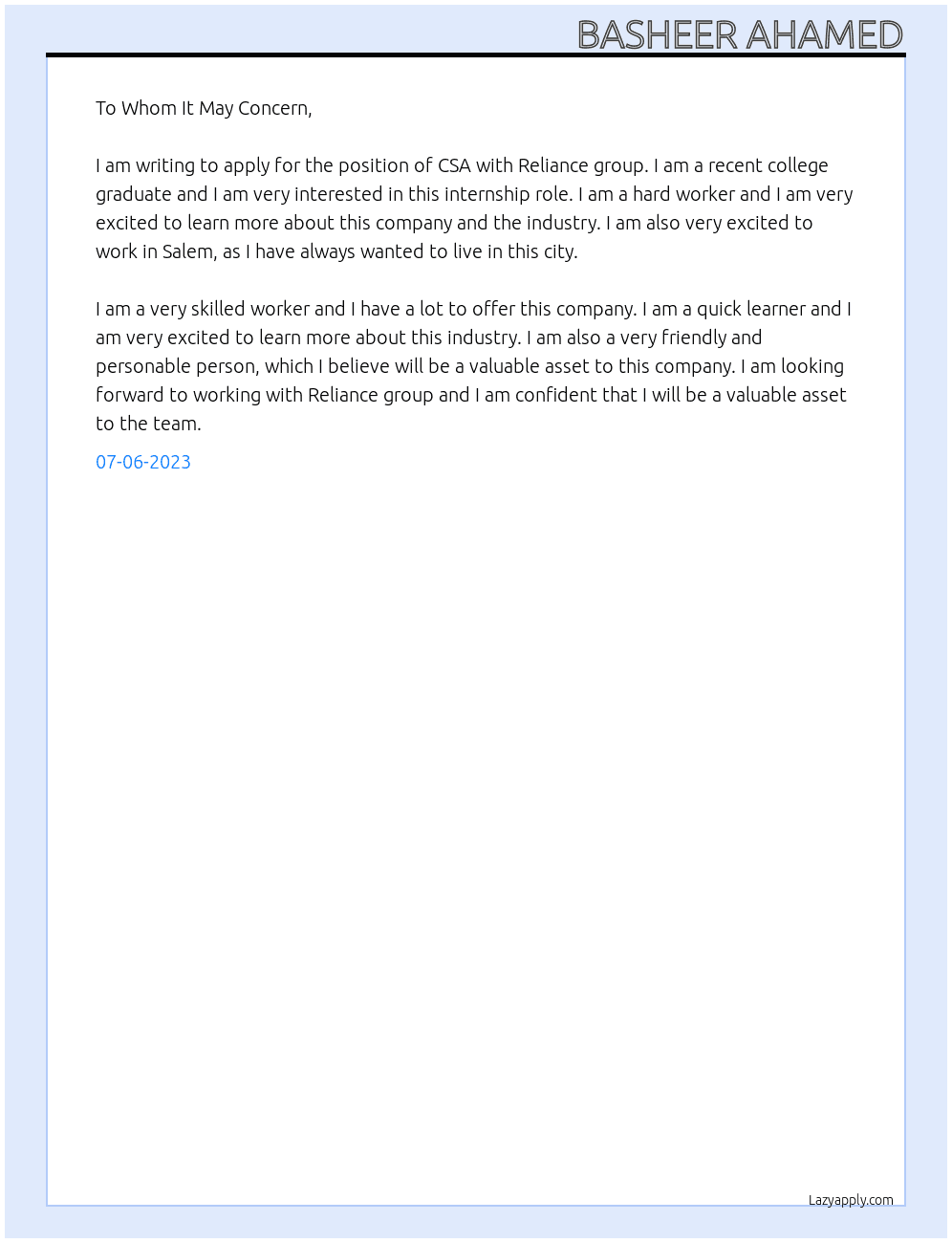 Csa At Reliance group Cover Letter