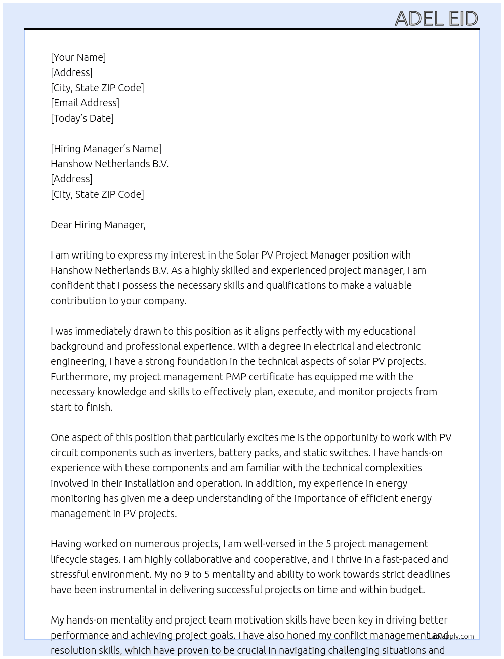 Cover letter for solar pv project manager - LazyApply