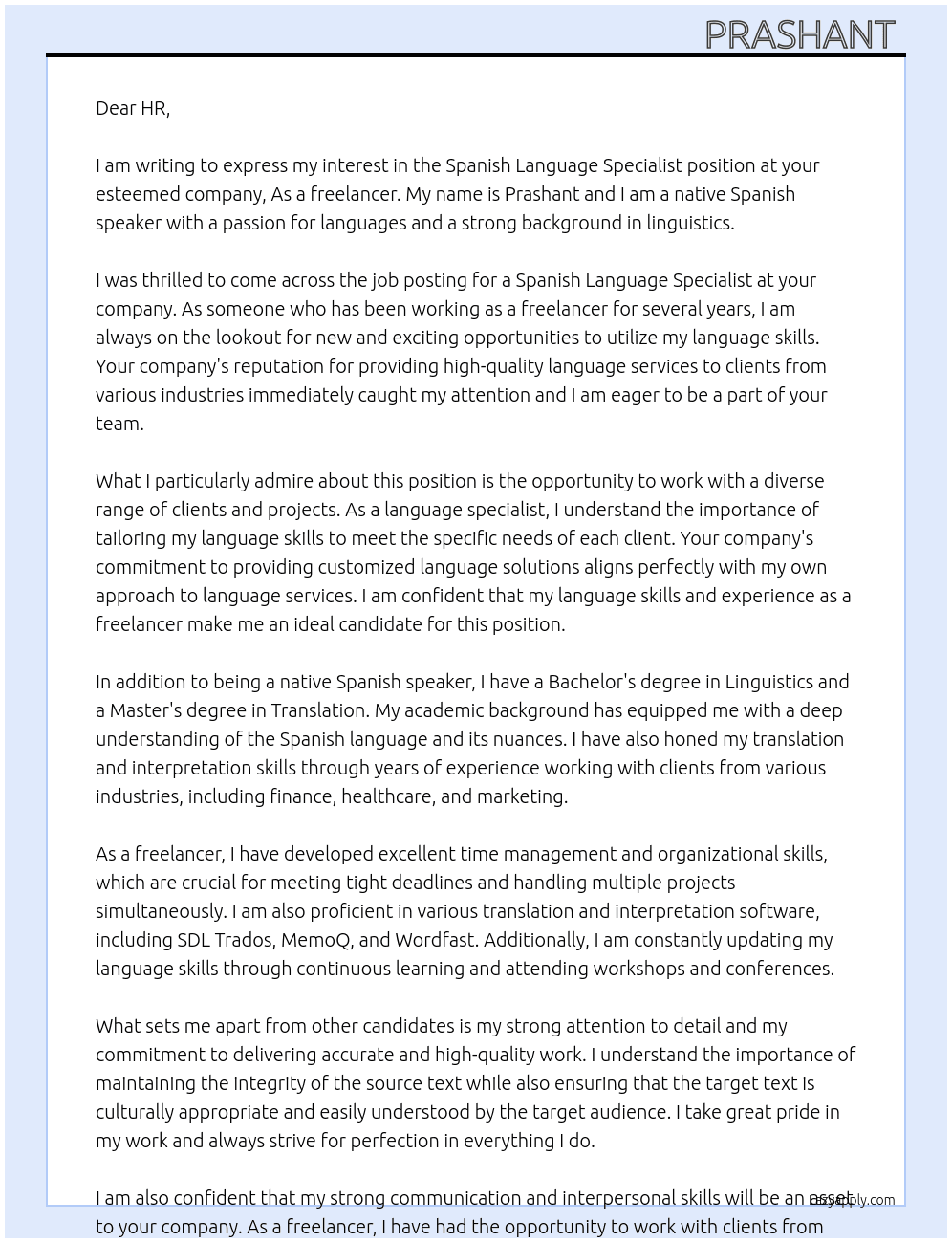 Spanish Language Specialist  At As a freelancer  Cover Letter