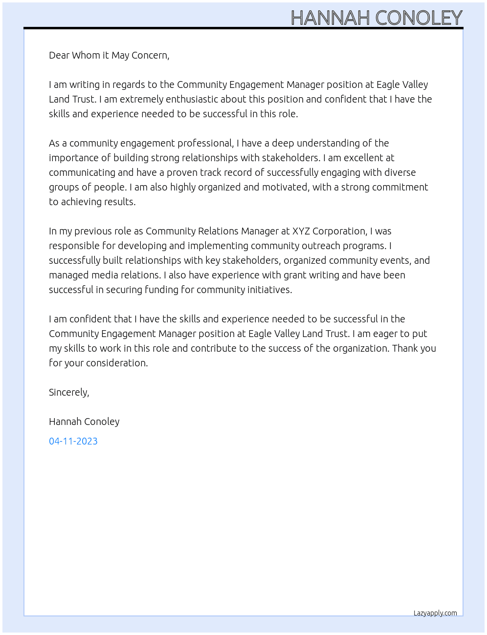 Community Engagement Manager At Eagle Valley Land Trust Cover Letter