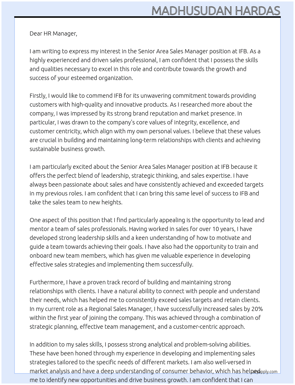 Senior Area Sales Manager At IFB Cover Letter