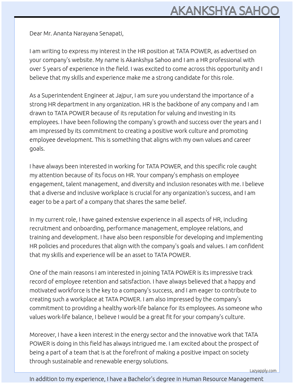 HR At TATA POWER  Cover Letter
