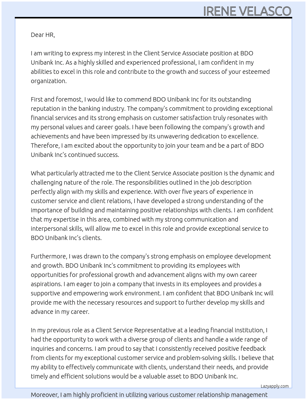 client service associate At BDO unibank inc Cover Letter