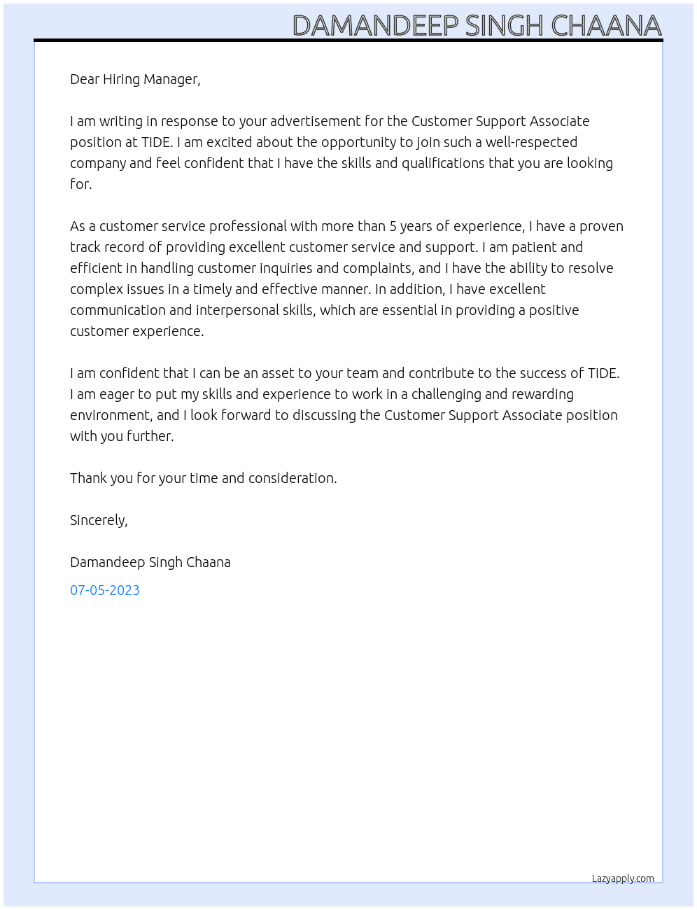 Customer Support Associate At TIDE Cover Letter