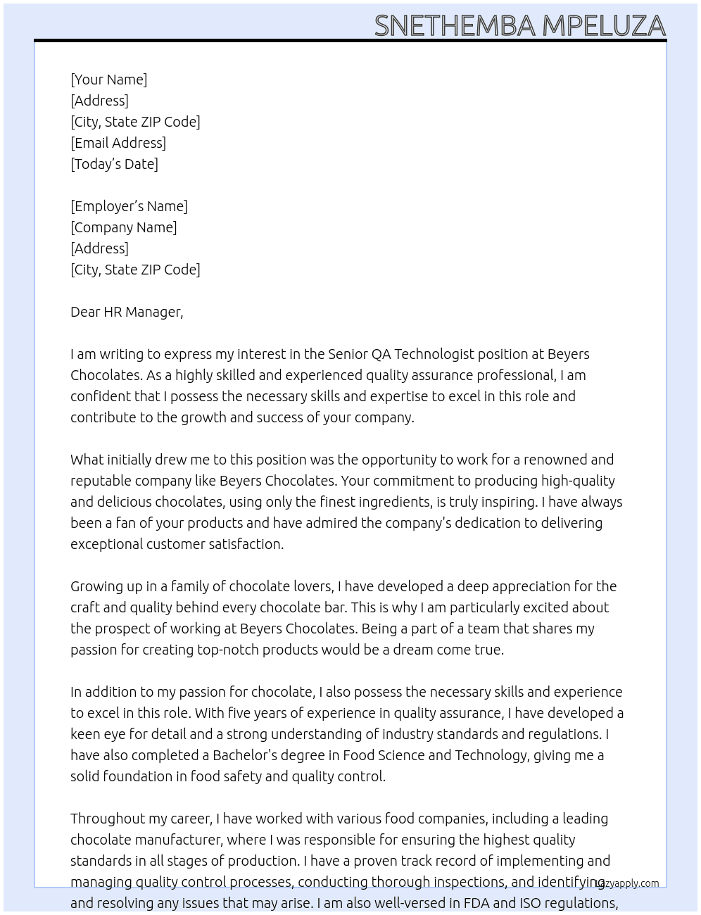 Senior QA Technologist At Beyers Chocolates Cover Letter