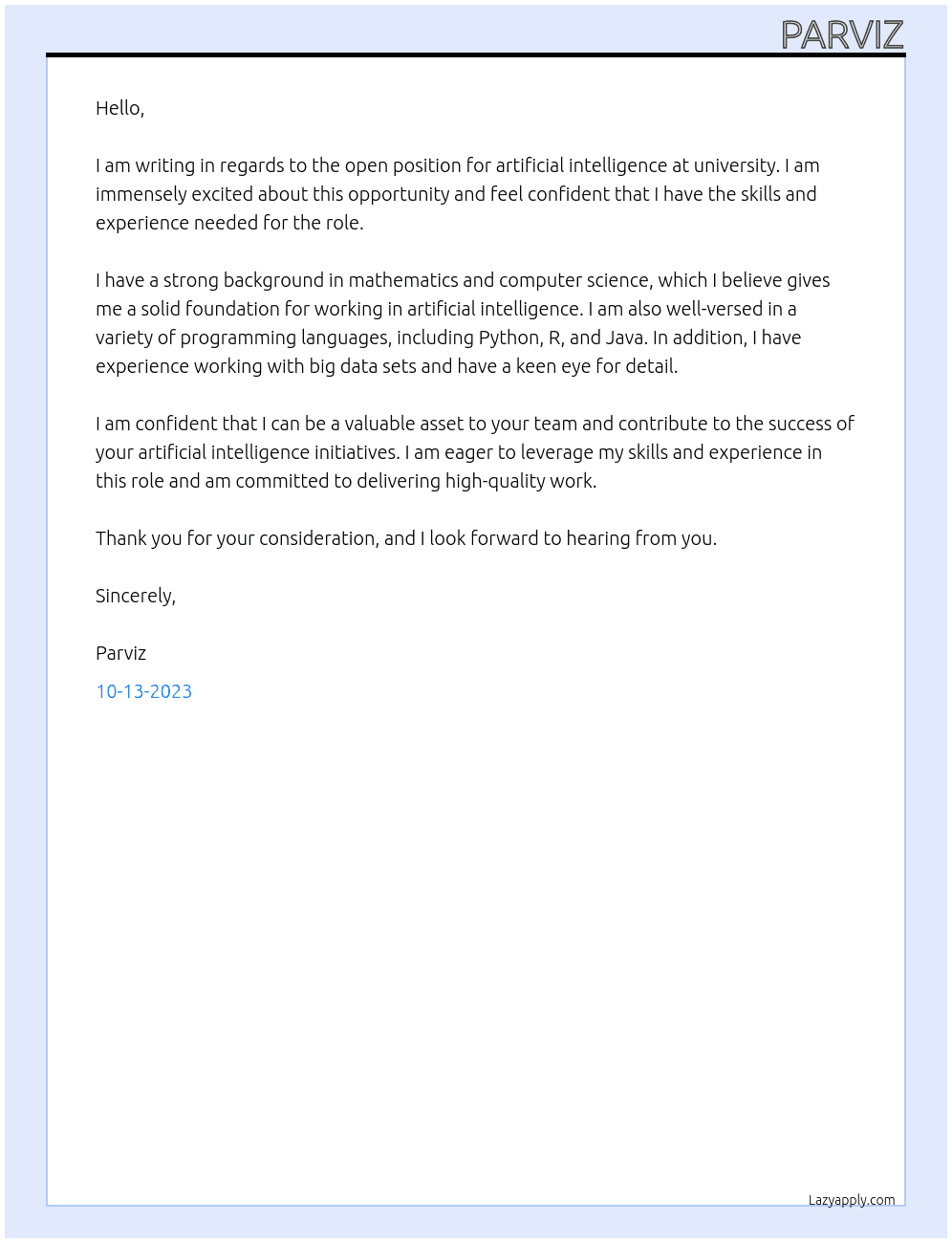 artificial intelligence At university Cover Letter