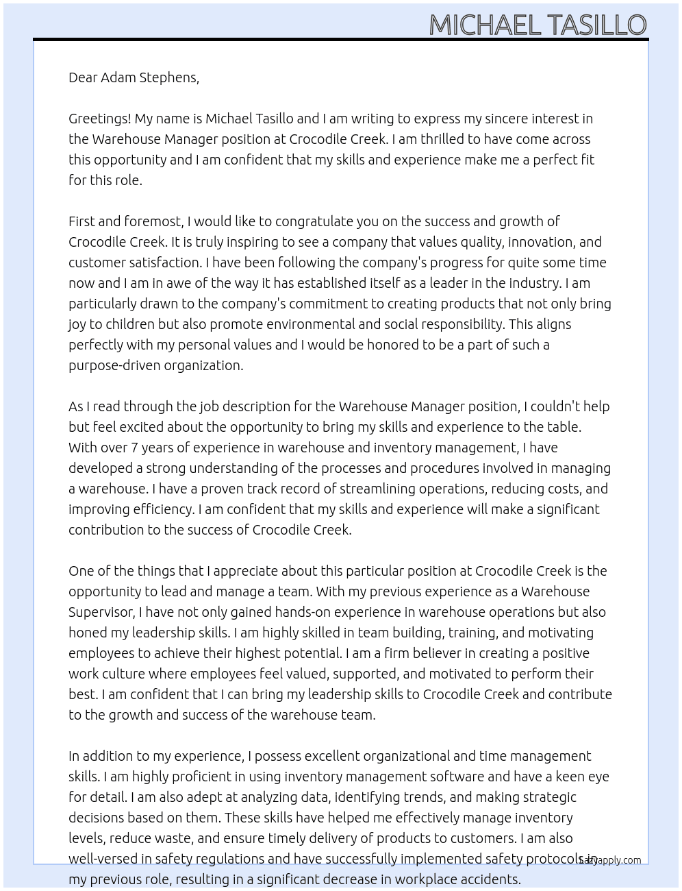 Warehouse Manager At Crocodile Creek Cover Letter