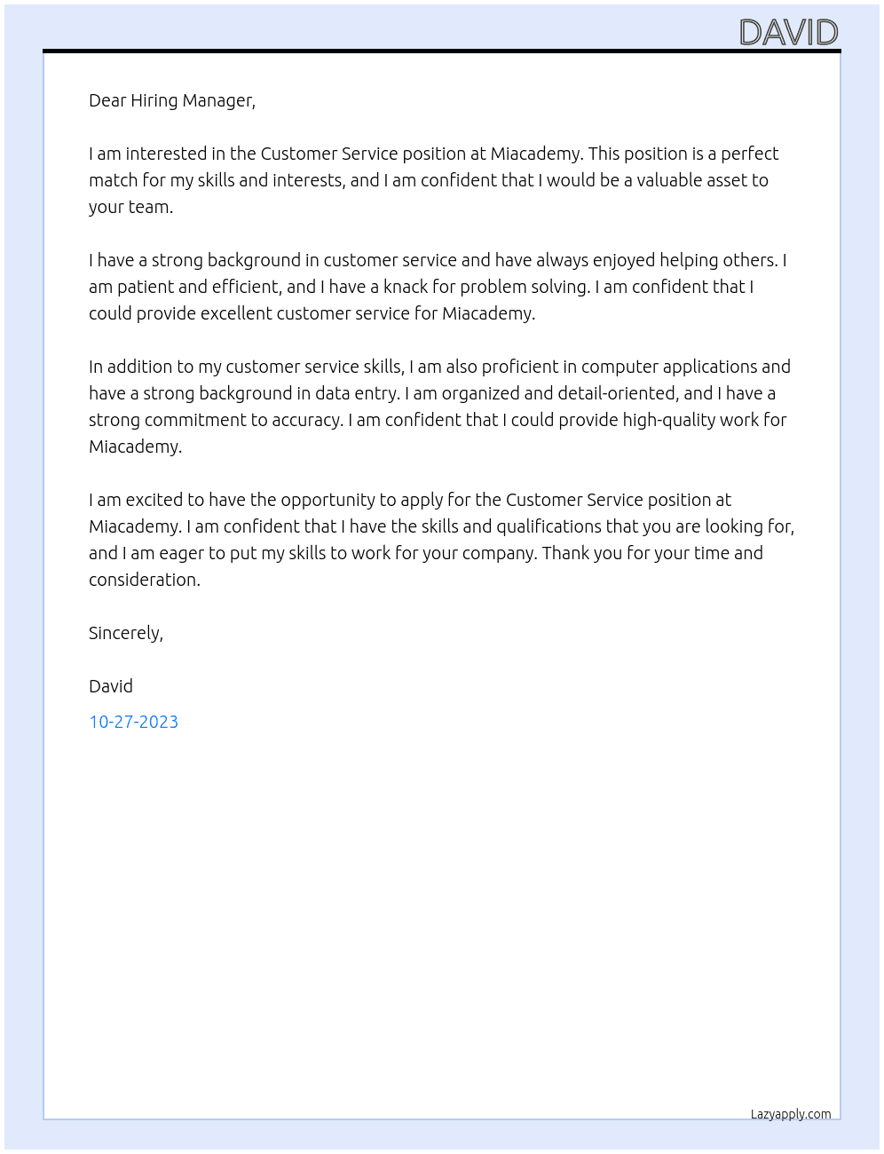 Customer Service  At Miacademy Cover Letter