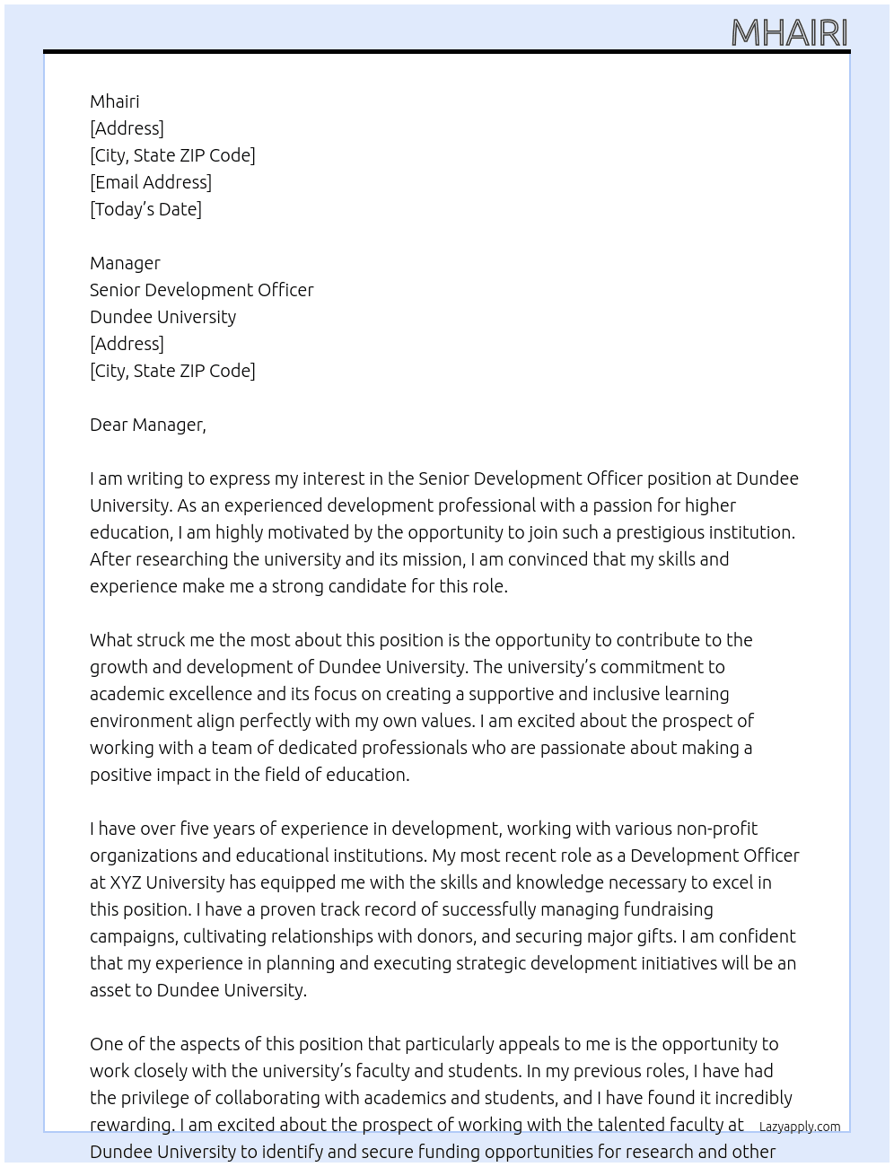 Senior Development Officer At Dundee University Cover Letter