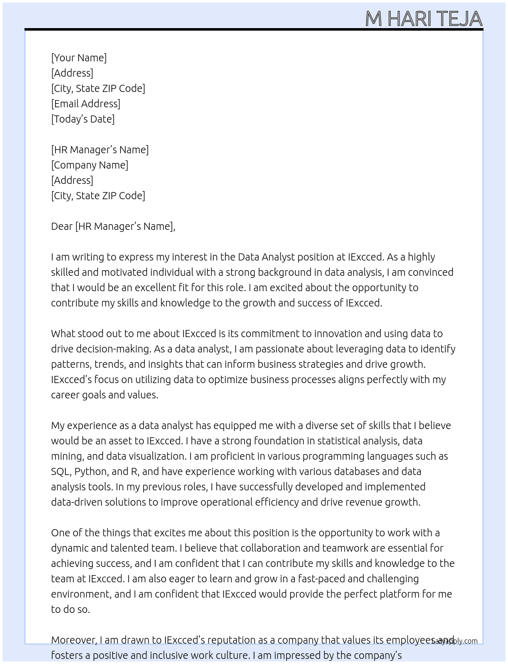 Data Analyst At IExcced Cover Letter