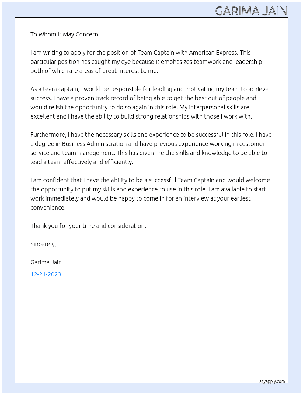 Team Captain At American Express Cover Letter
