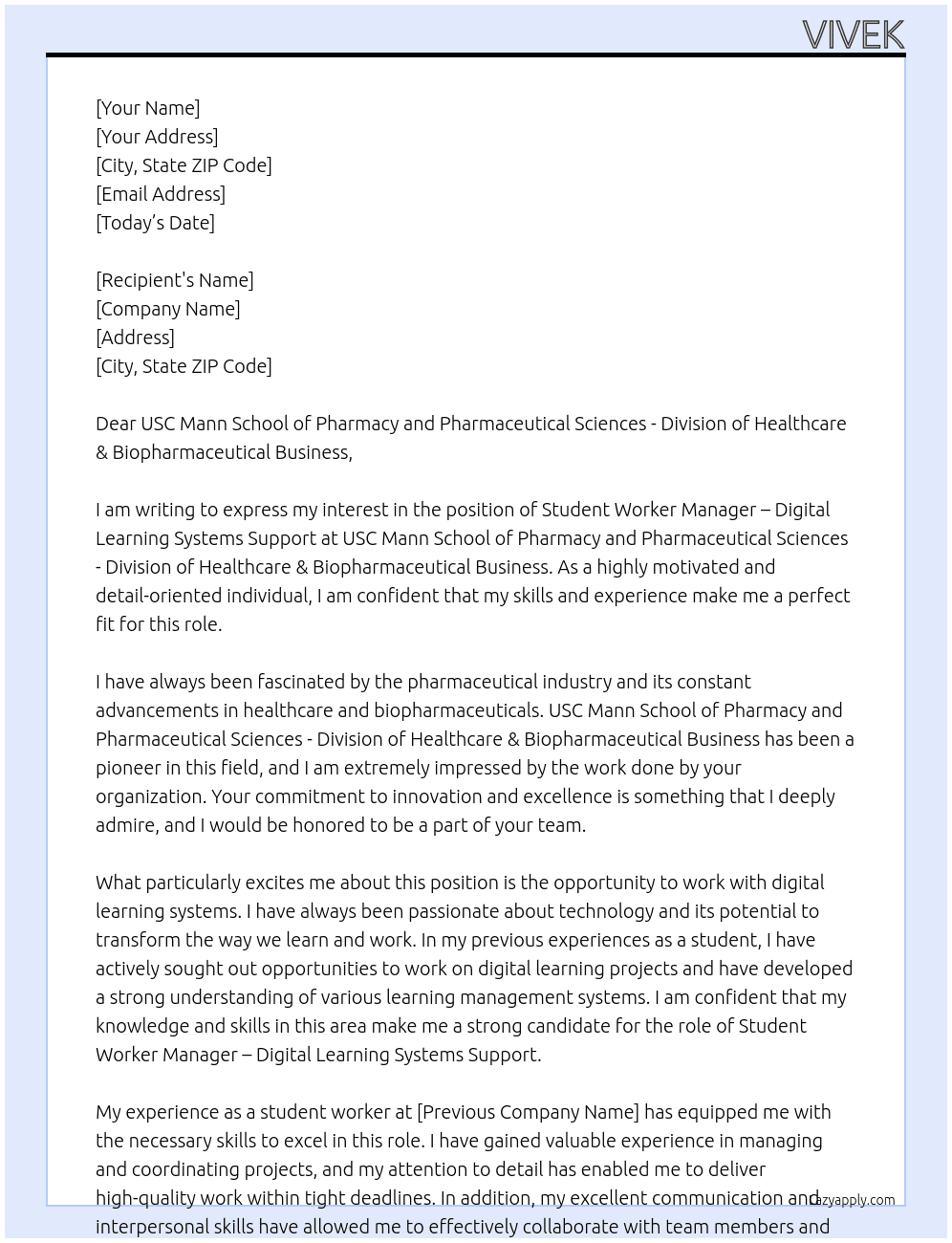 Cover letter for student worker manager– digital learning systems support - LazyApply