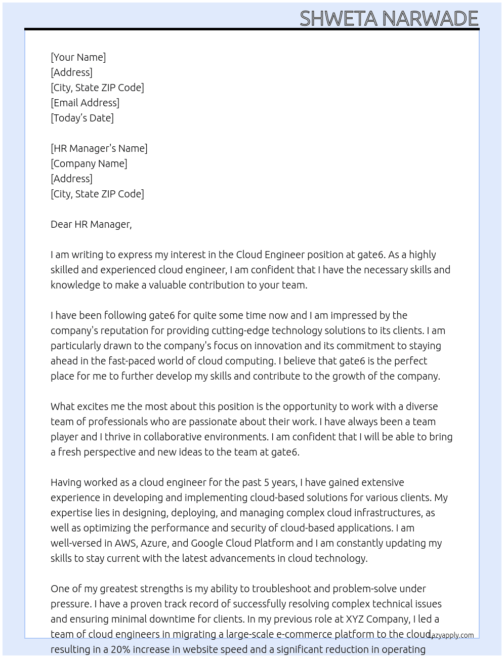 Cloud Engineer  At gate6 Cover Letter